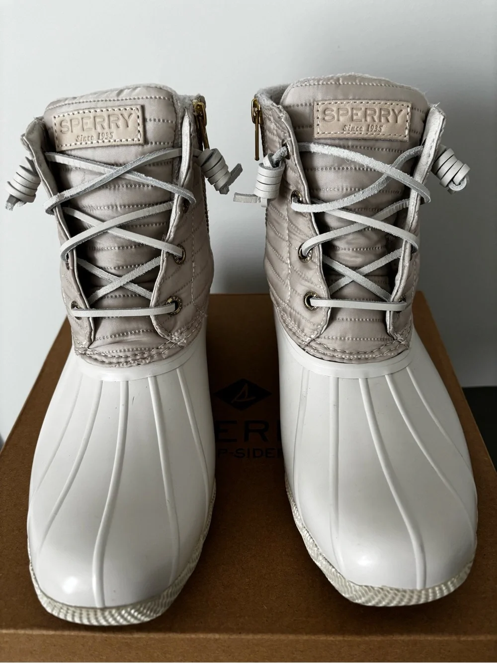 Sperry Quilted Lace-Up Waterproof Rain Boots in Ivory & Taupe with Gold Hardware